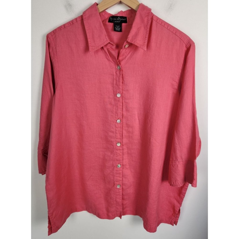 Mercer & Madison Women's Sz. 1X Pink 100% Linen Button Up 3/4 Sleeve Top